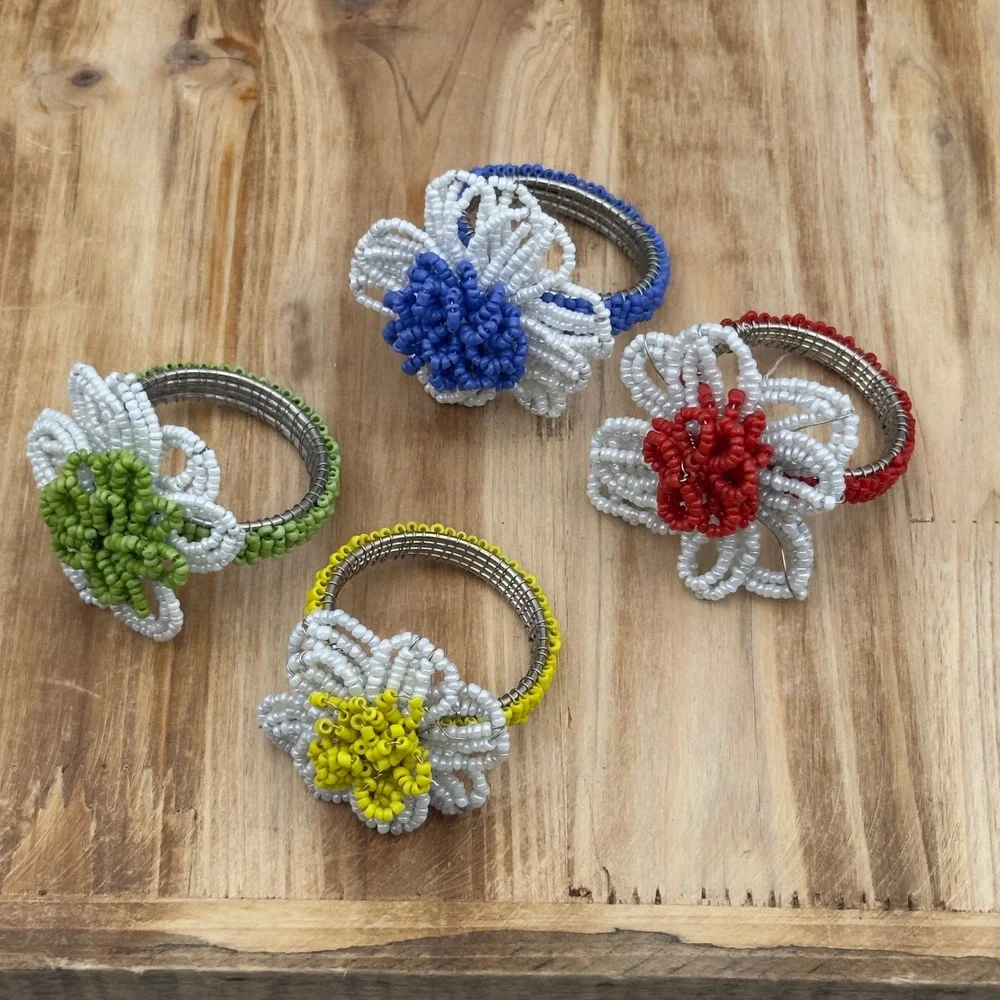 Beaded Flower Napkin Rings Multicolor Floral Set of 4 Spring Decor Cottagecore